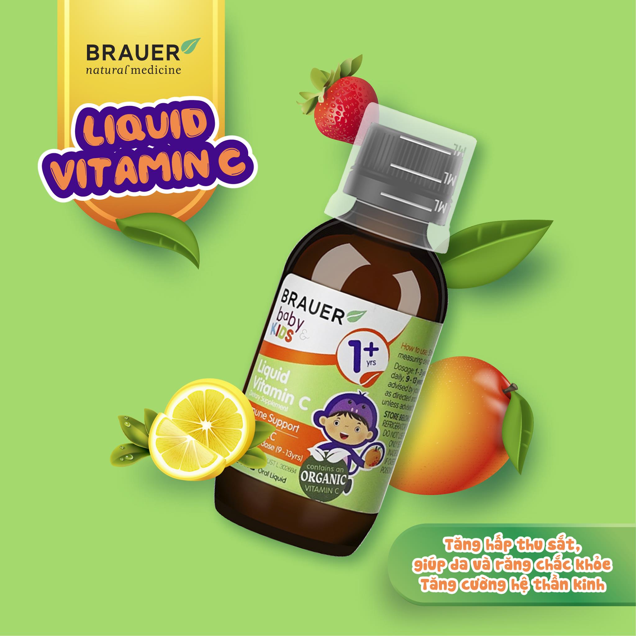 Vitamin C cho trẻ 1 - 13 tuổi Brauer Úc tăng đề kháng, tăng hệ miễn dịch, xương, răng chắc khỏe, nhanh lành vết thương (bệnh) - OZ Slim Store