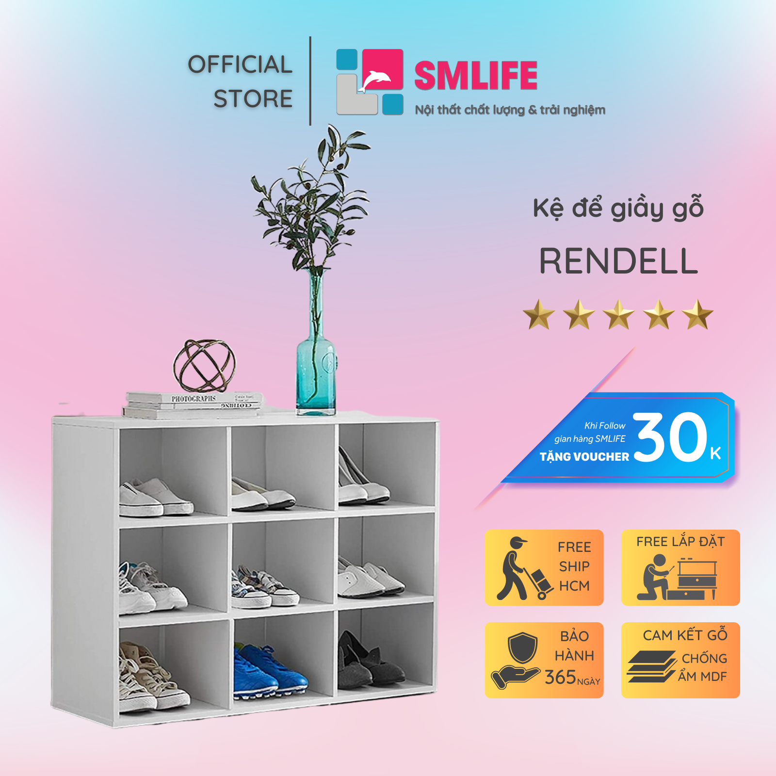 Kệ để giầy gỗ hiện đại SMLIFE Rendell | Gỗ MDF dày 17mm chống ẩm | D100xR30xC80cm