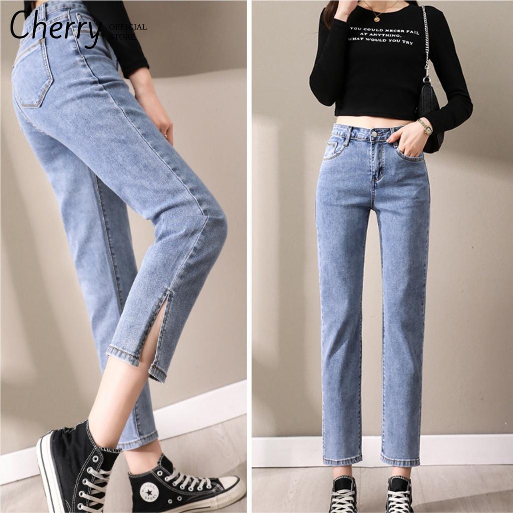 Quần jean nữ ống đứng dáng lửng xẻ gấu cao cấp phong cách Hàn Quốc, quần bò nữ ống ngắn suông có co giãn CHERRY T031