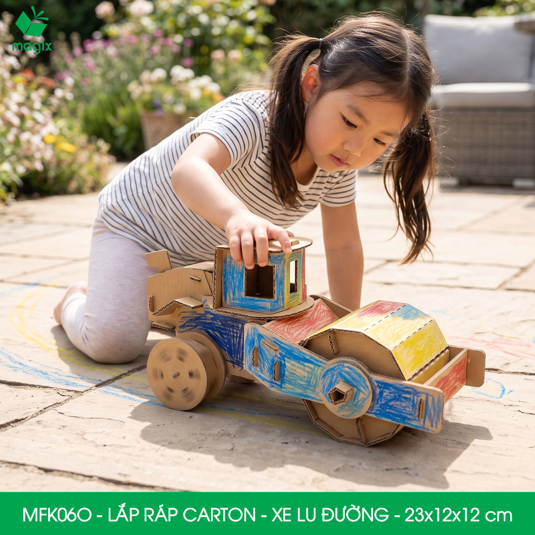 MFK06O - Xe nén đất, đầm đất - 23x12x12 cm - Đồ chơi lắp ráp mô hình từ bìa carton cứng cao cấp