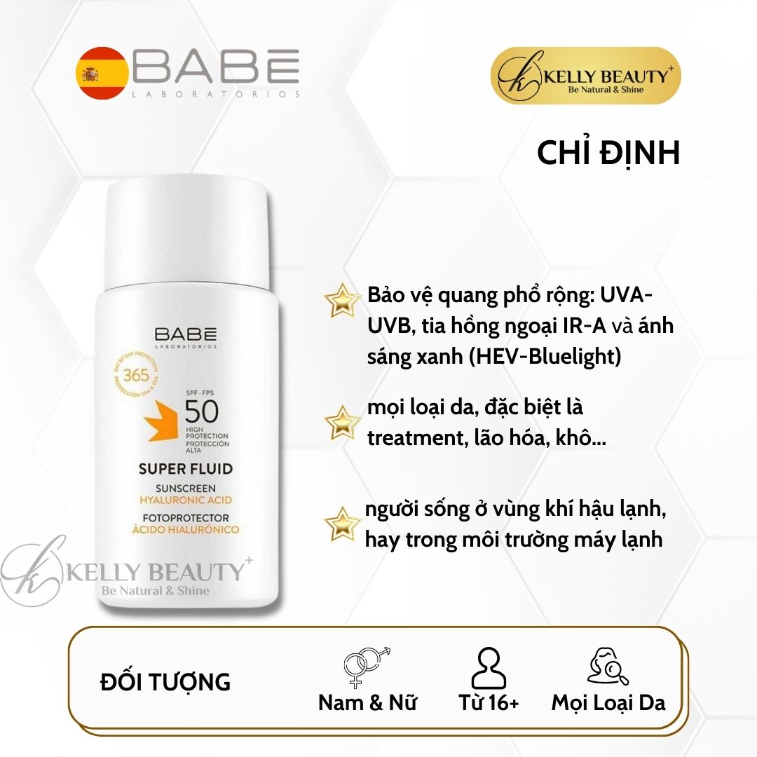 Kem Chống Nắng Dưỡng Ẩm BABE Super Fluid Sunscreen SPF 50 | Kelly Beauty