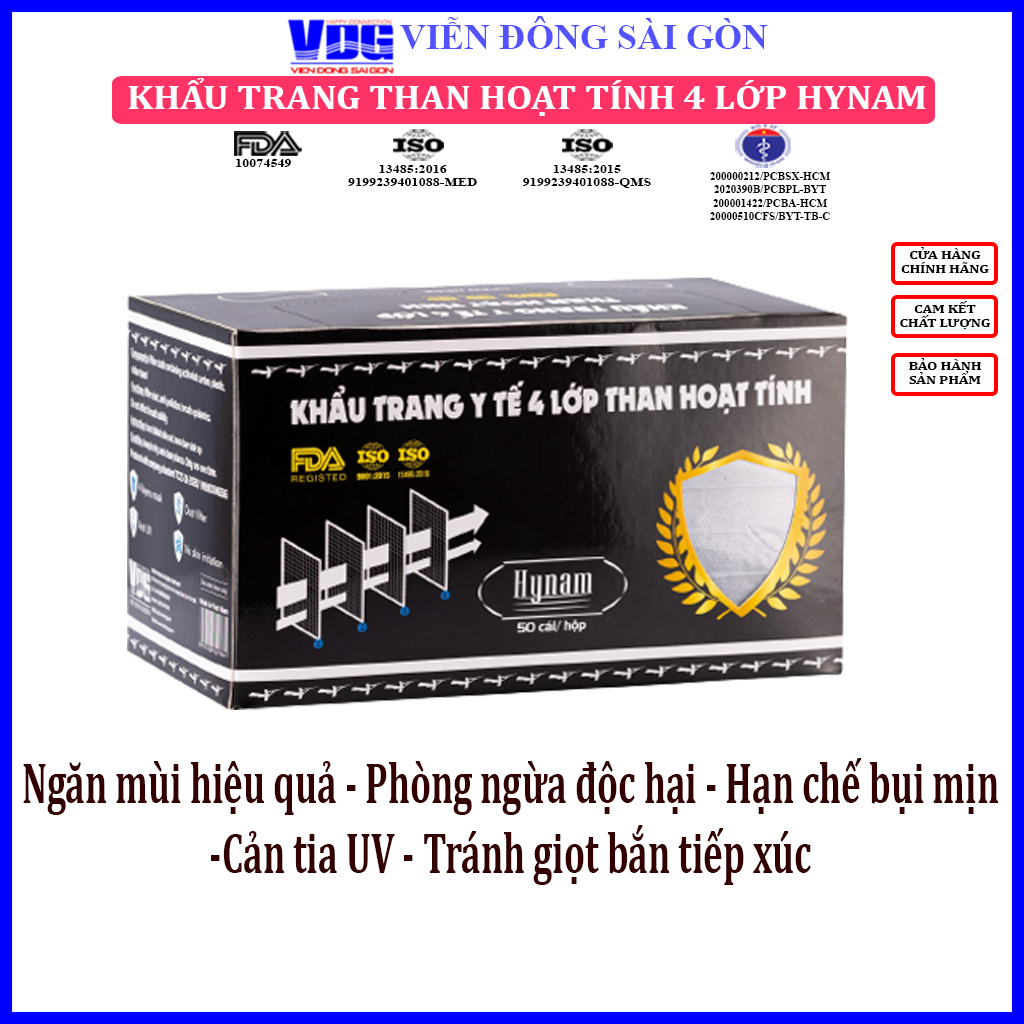 Khẩu trang y tế 4 lớp Hynam than hoạt tính (50 cái/ hộp)-Kháng khuẩn, chống bụi mịn, ngăn ngừa bệnh hô hấp