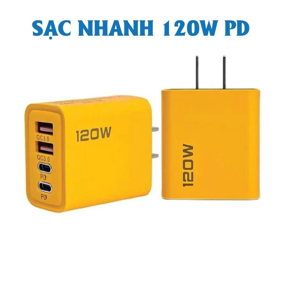Củ Sạc Nhanh 120w đa năng gồm 2 cổng Type-C và 2 cổng USB, tặng kèm cáp 1 sạc Type C - Hàng nhập khẩu