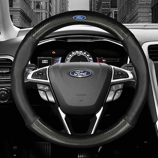 Bọc vô lăng TTAUTO cho xe ô tô chất liệu da vân carbon cao cấp có logo FORD (Đen Đỏ)