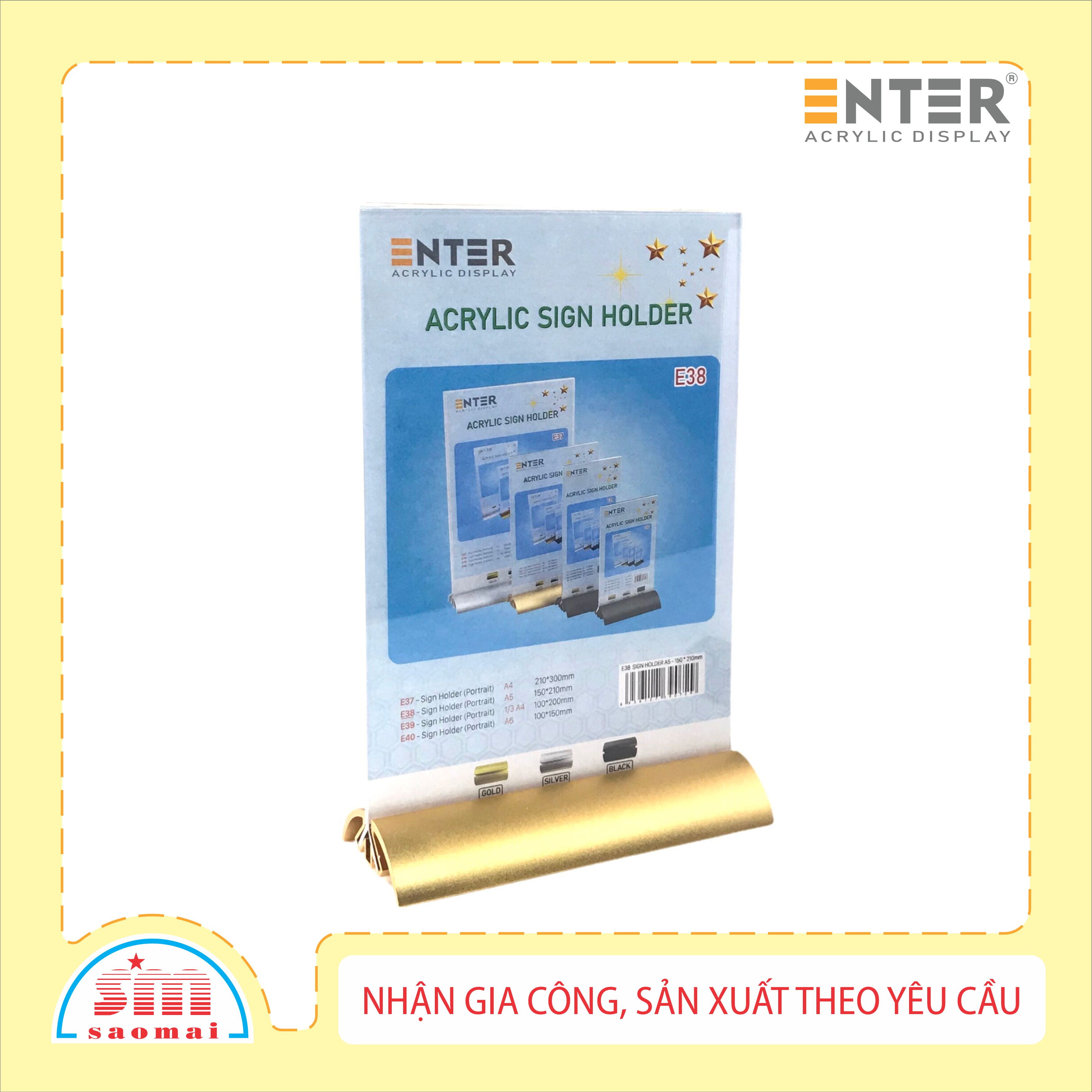Kệ menu nhà hàng, Standee mica để bàn, Bảng quét mã QR Code, Kệ mica 2 mặt Enter E38 150x210mm đế nhôm cao cấp A5