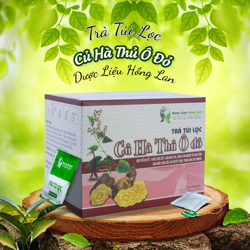 Trà Củ Hà Thủ Ô Đỏ túi lọc hộp 60g Dược Liệu Hồng Lan - Giúp bổ huyết, khỏe gân cốt, làm đen tóc, Dùng cho người tóc bạc sớm, đau mỏi lưng gối, khí huyết kém, thần kinh suy nhược.