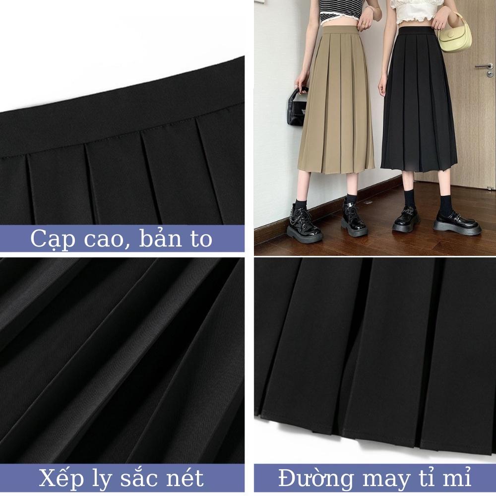 Chân váy Midi dài công sở đi làm xòe dáng dài xếp ly to có BIGSIZE chất tuyết mưa dày dặn màu đen nâu be CV40