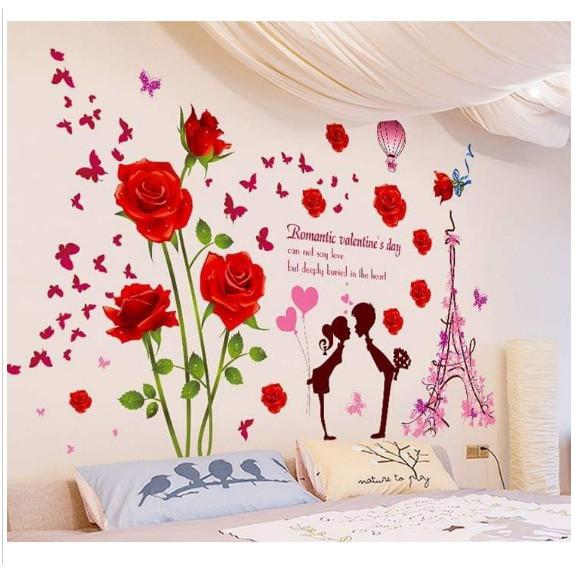 BỘ COMBO DECAL GHÉP ĐÔI TRANG TRÍ - hoa hồng đỏ phối tình nhân kiss nhau