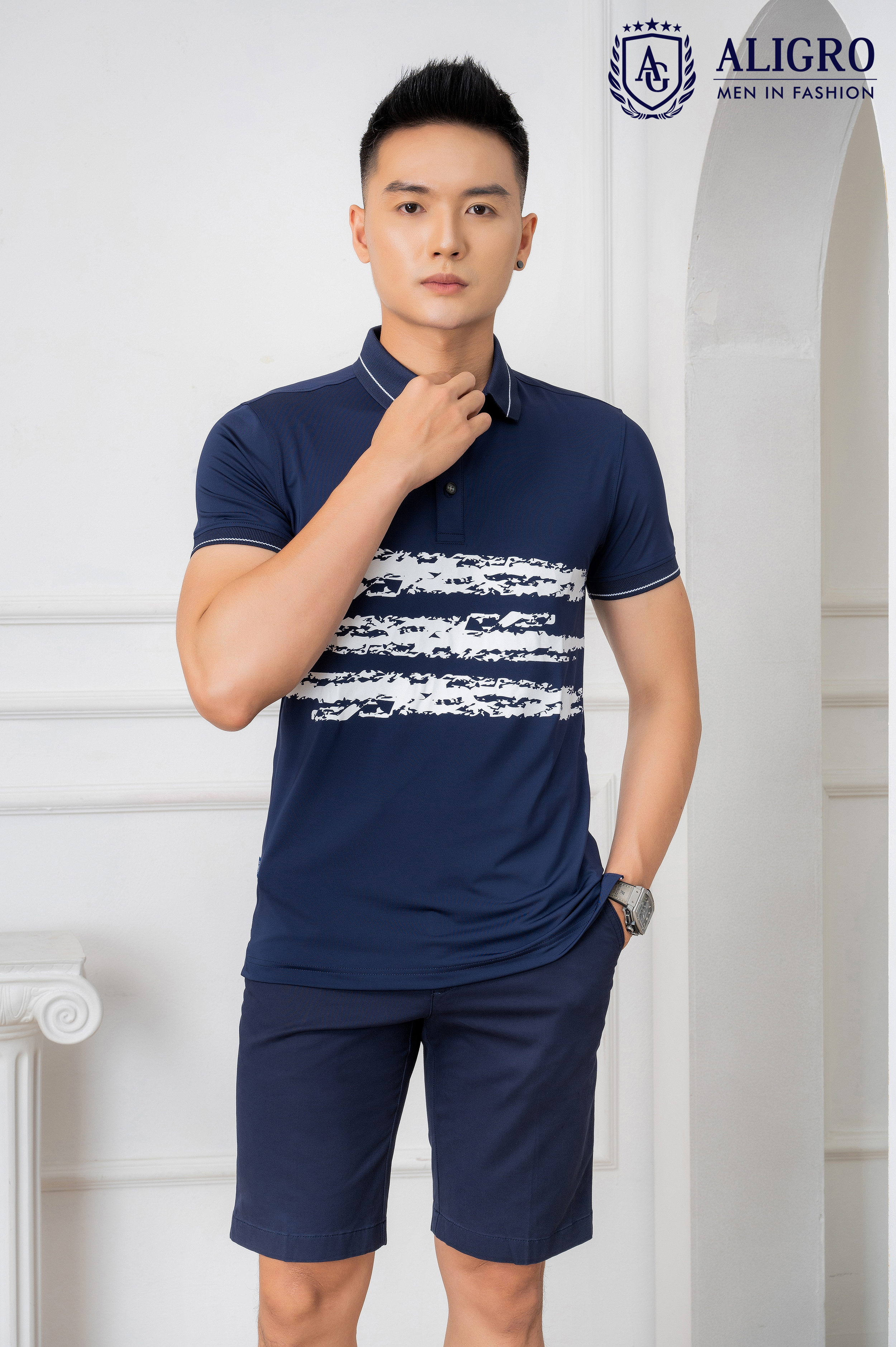 Áo Polo xanh navy phối kẻ ngang Aligro ALGPLO72