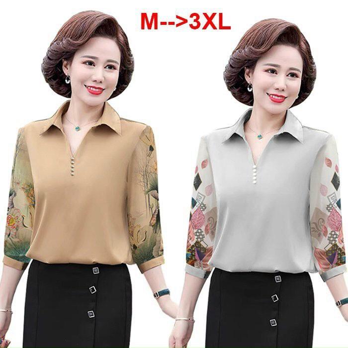 ️Có Big Size️Áo Kiểu Trung Niên Size Lớn Dạng Áo Sơ Mi Trung Niên Thời Trang U50-60 In Họa Tiết