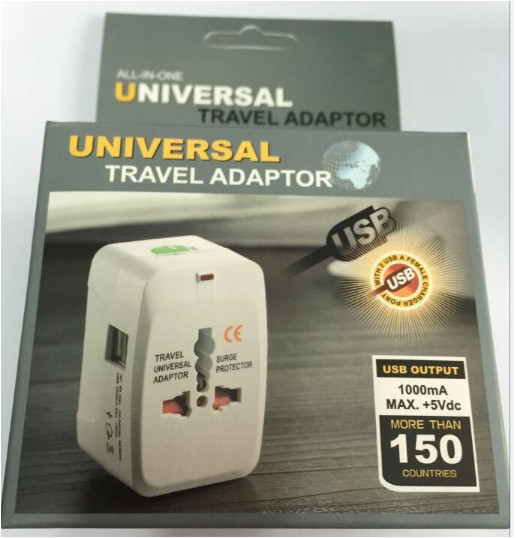 Ổ cắm điện đa quốc gia có 2 cổng USB phích cắm du lịch đa năng cho hơn 150 nước trên thế giới