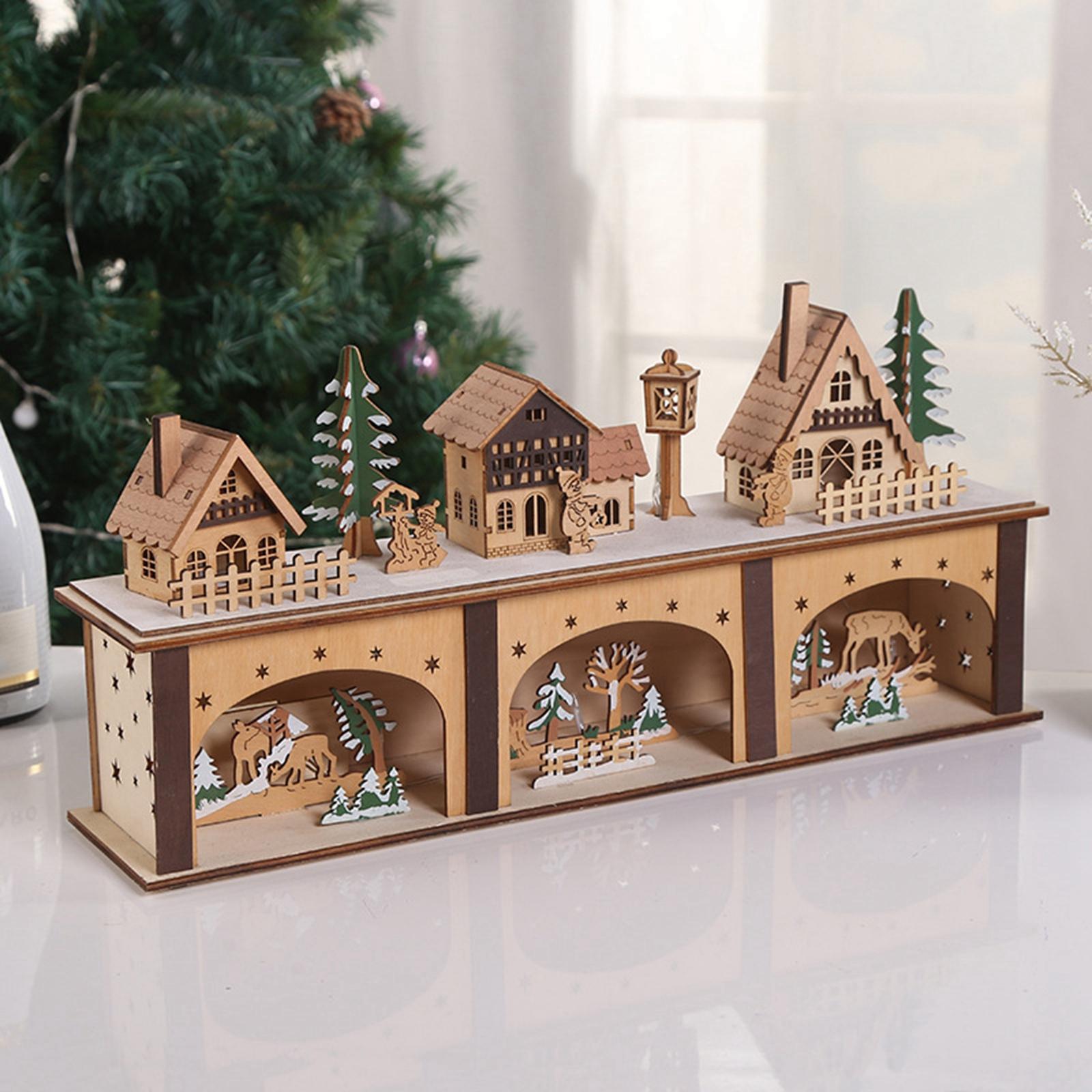 Wooden House Warm White Building Set Landscape Decor for Party Ornament Style A