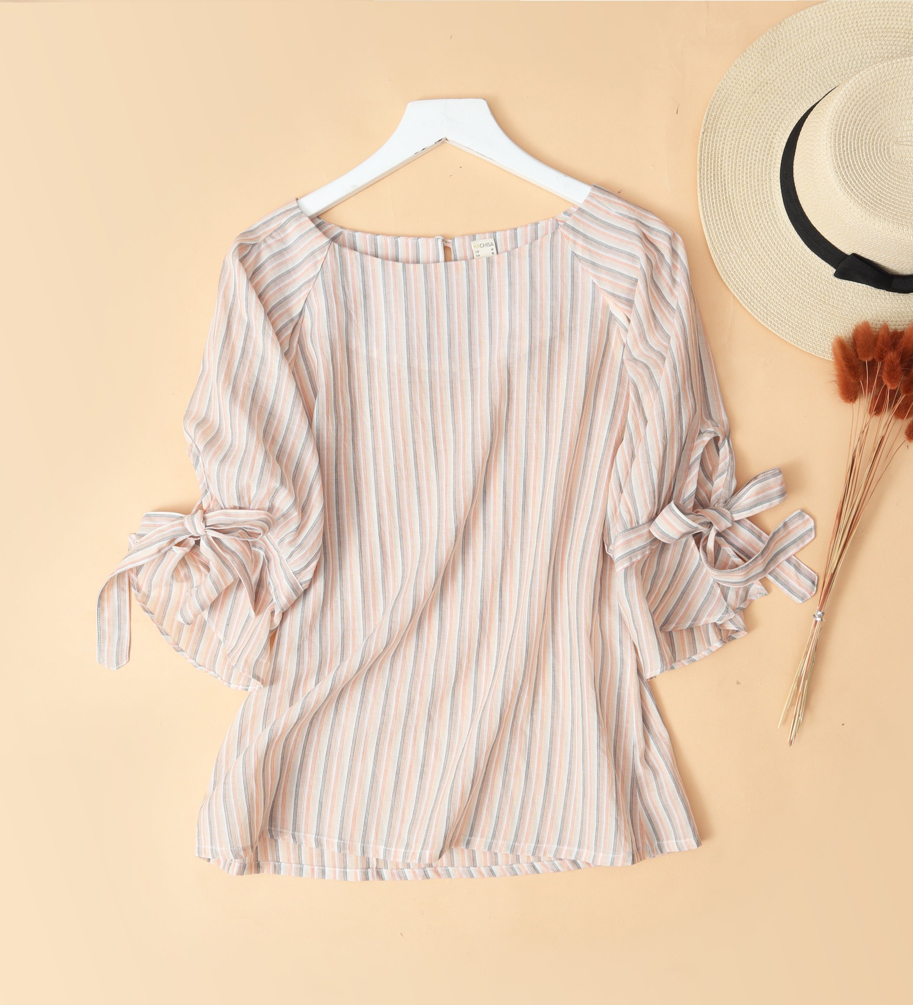 Áo KACHISA cổ tròn cotton sọc phối nơ tay
