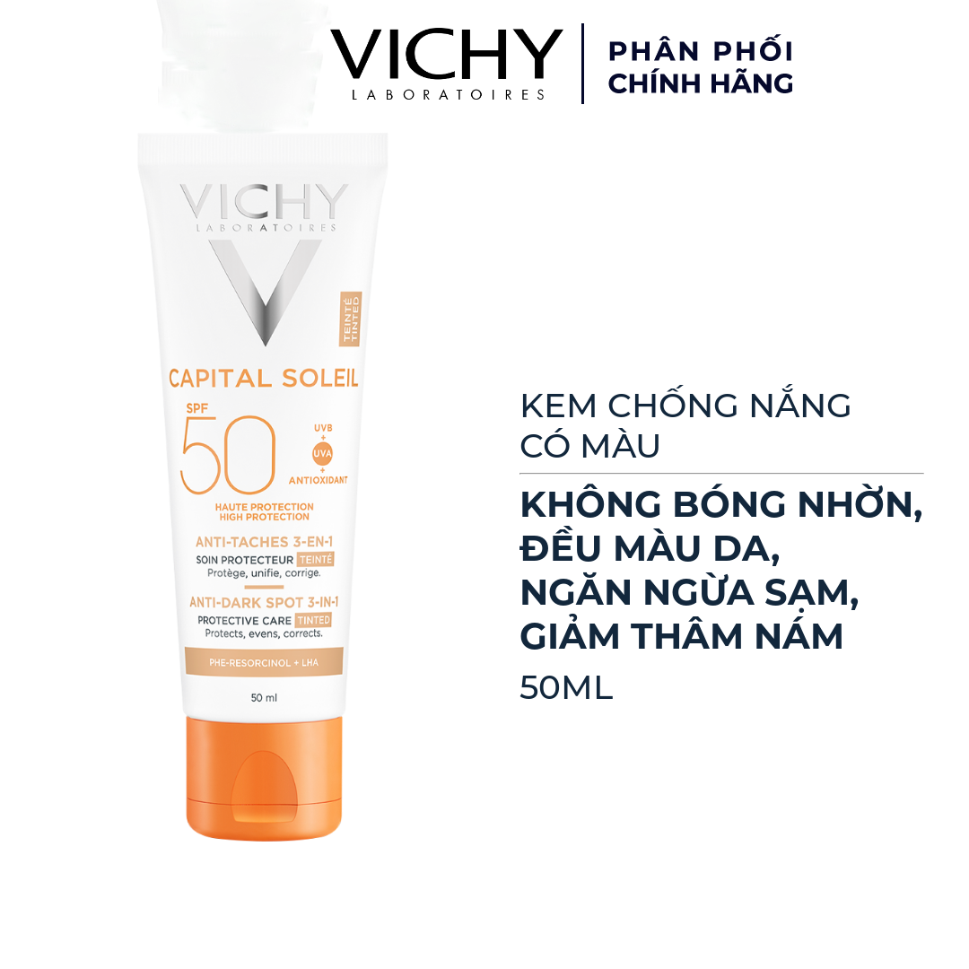 Kem Chống Nắng Vichy Capital Soleil Anti-Dark Spot 3-In-1 Có Màu Che Khuyết Điểm Giảm Thâm Nám Và Dưỡng Da SPF 50 PA+++ 50ml