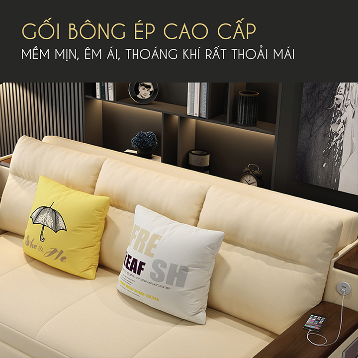 Giường Sofa Thông Minh, Vải Nano Tay Gỗ Óc Chó Cao Cấp Có Cổng Sạc Tiện Lợi - Sofa Gấp Gọn Đa Năng Phong Cách Châu Âu