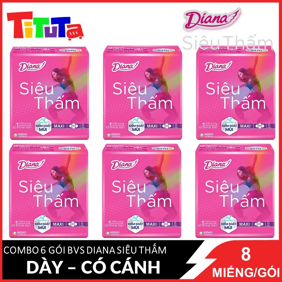 Combo 6 Băng vệ sinh Diana Siêu thấm Maxi (dày) có cánh 8 miếng/gói