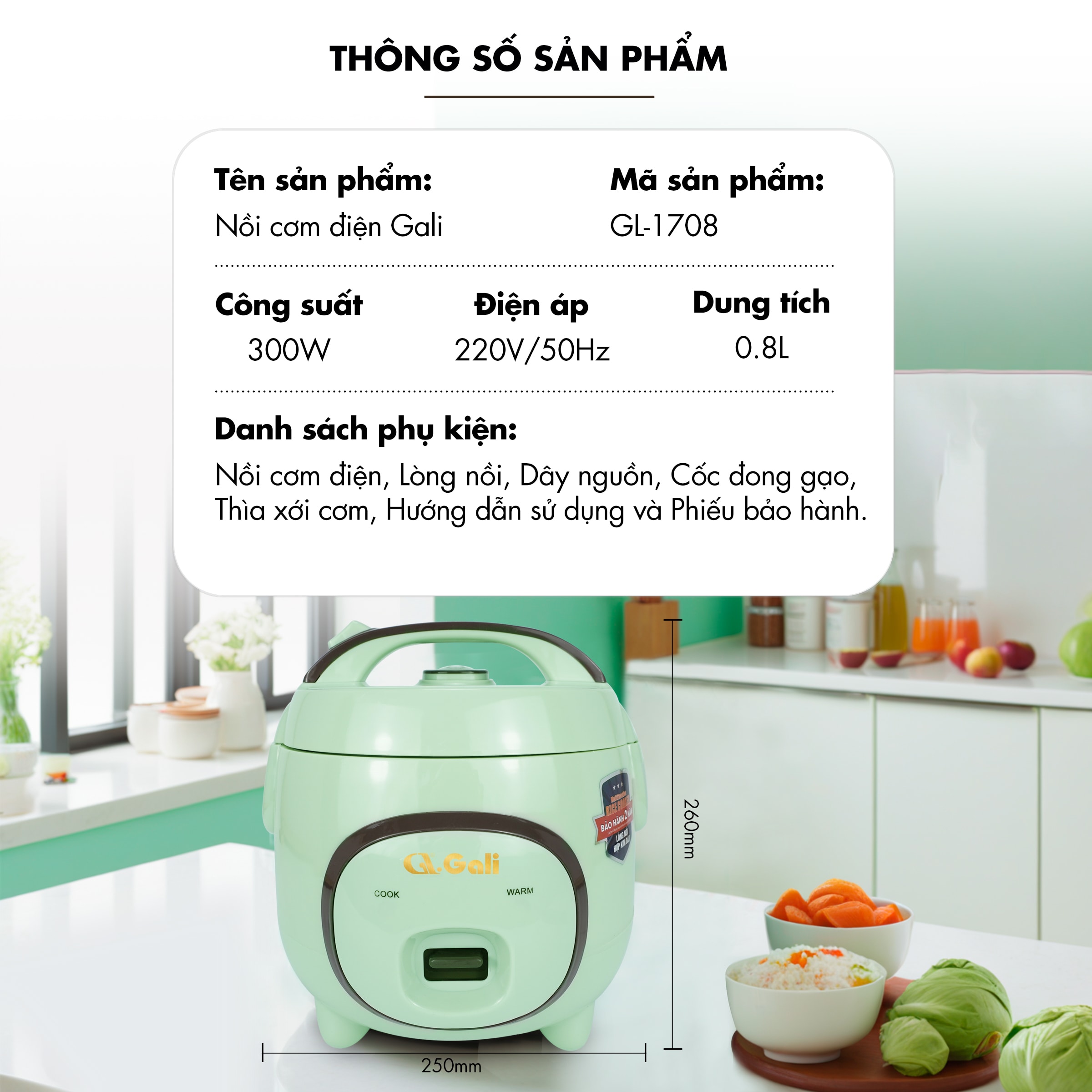 [Chính hãng] Nồi cơm điện GALI GL-1708 0.8 lít. Thiết kế nhỏ gọn, hiện đại, hàng nhập khẩu chất luọng cao, bảo hành 24 tháng