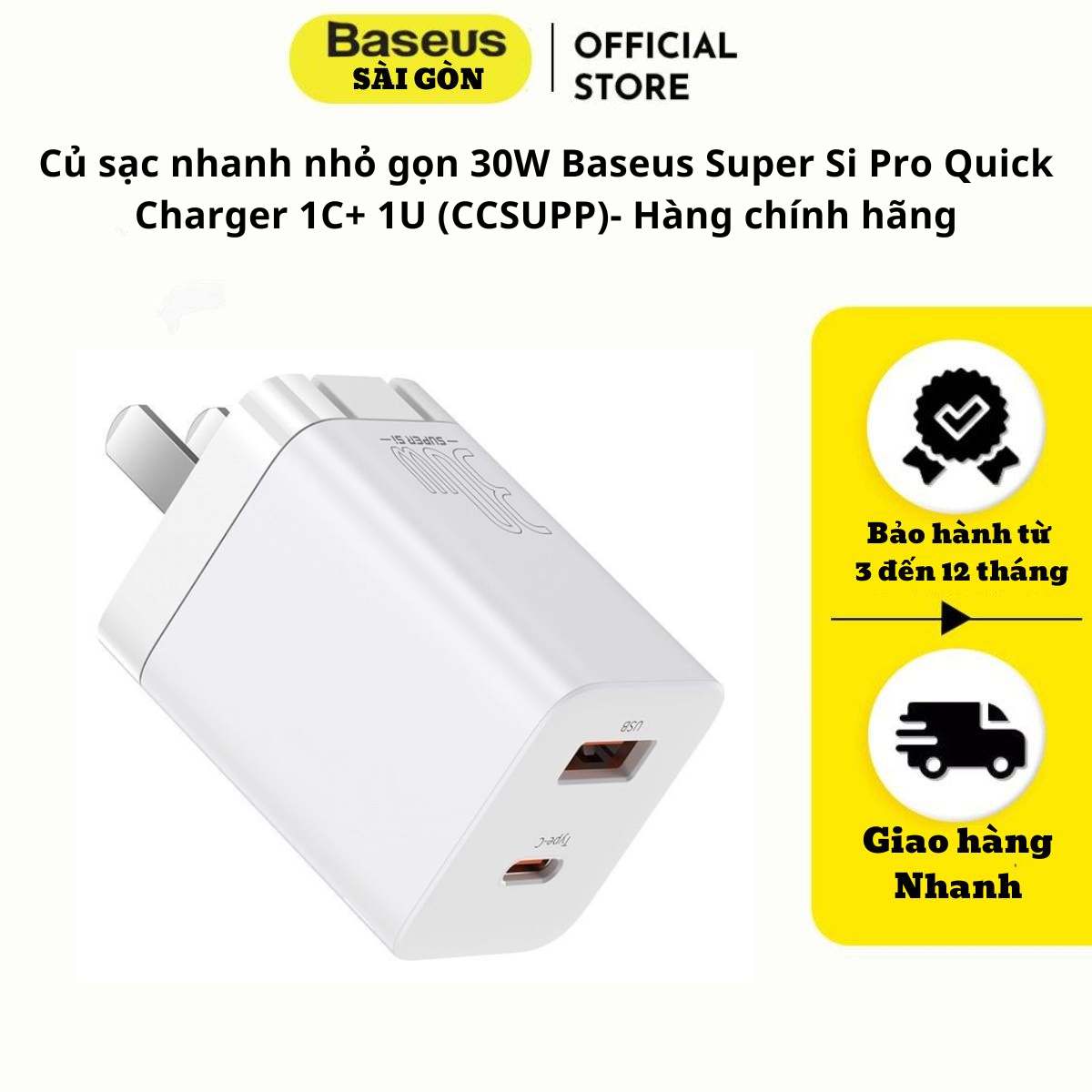 Củ sạc nhanh Baseus Super Si Pro 30W (CCSUPP) Quick Charger 1C+ 1U - Hàng chính hãng