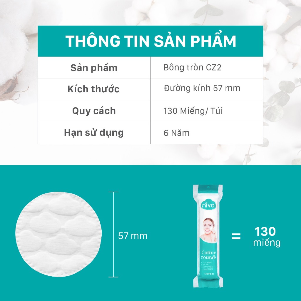 [Mua 10 Tặng 2] Túi 130 Miếng Bông Tẩy Trang Tròn NIVA Cao Cấp Cz2 Bông Tự Nhiên 100% Mềm Mại An Toàn Cho Da Nhạy Cảm