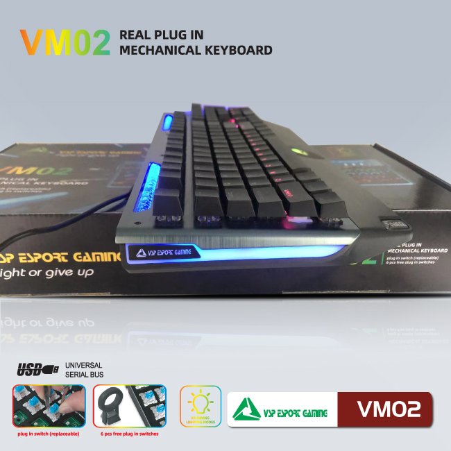 Bàn phím cơ VSP eSport Gaming VM02 (104 phím, Đen, Blue switch) - Hàng chính hãng