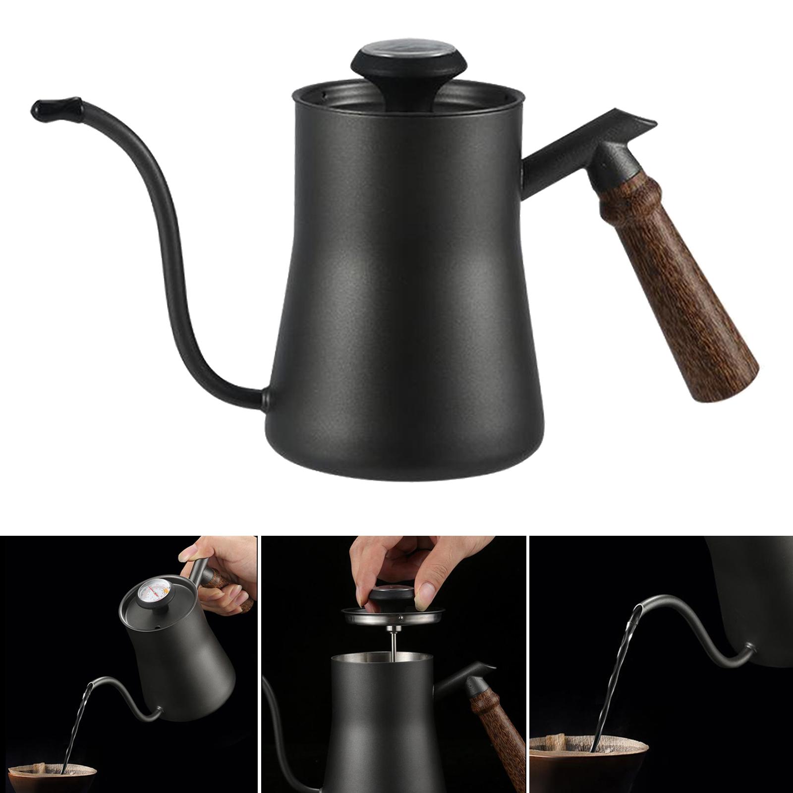 650ml Stainless Steel Gooseneck Kettle with Thermometer, Drip Over Coffee Kettle, Anti-scalding Wooden Handle and Lid , for Coffee Tee Service