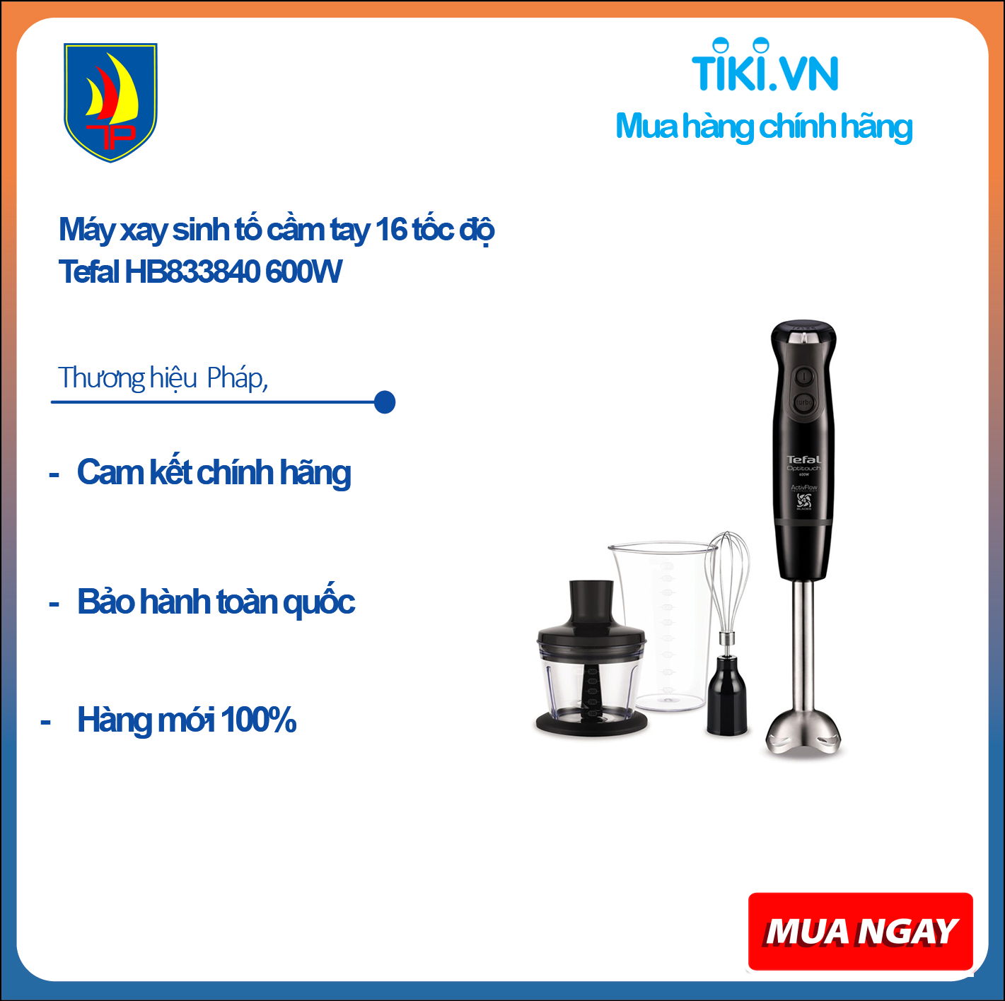 Máy xay sinh tố cầm tay 16 tốc độ Tefal HB833840 600W (Đen) - Hàng chính hãng