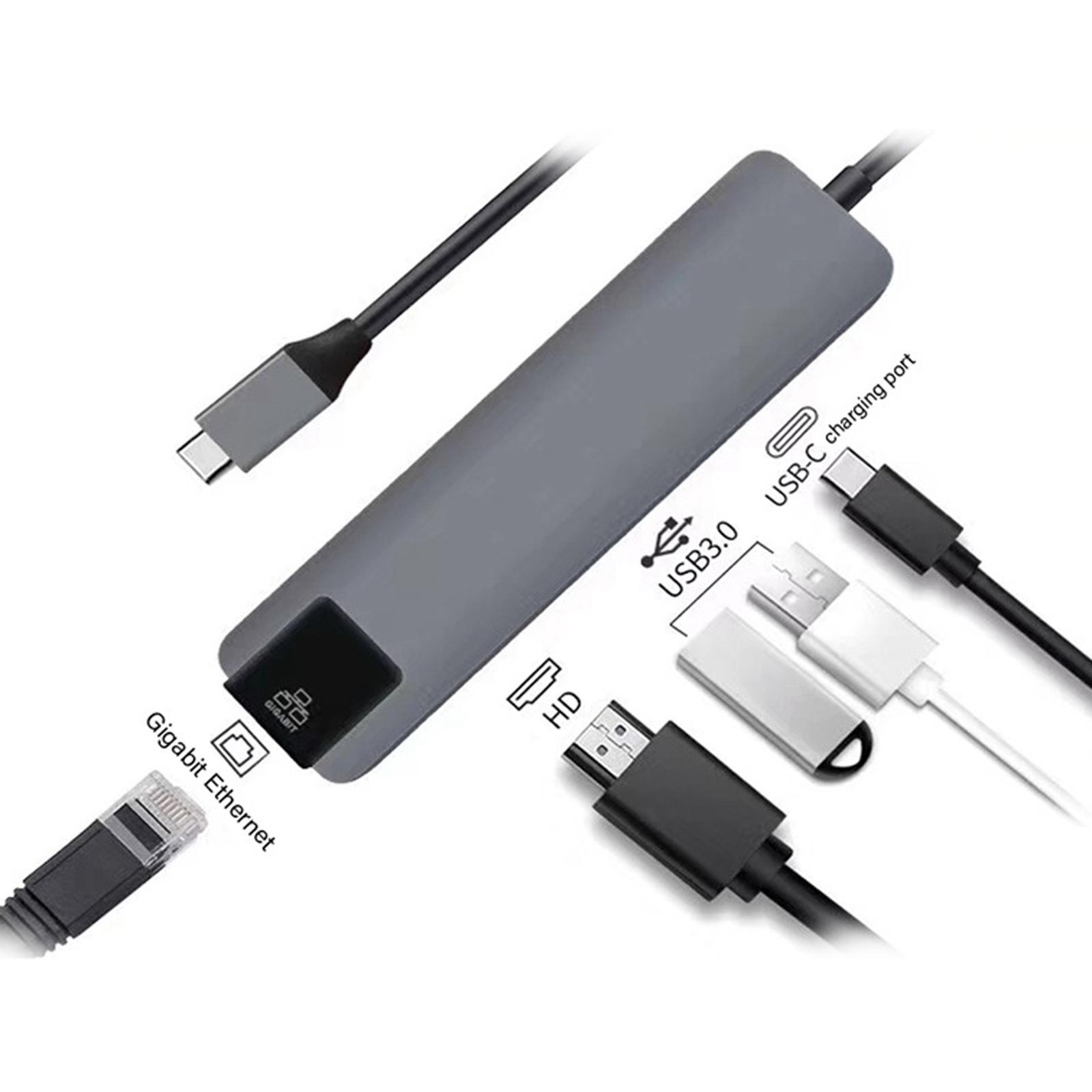 5-IN-1 USB C Hub Type-C Docking Station Multiport Adapter with 4K HD RJ45 Ethernet USB 3.0 PD Charging Port Compatible with MacBook MateBook ChromeBook