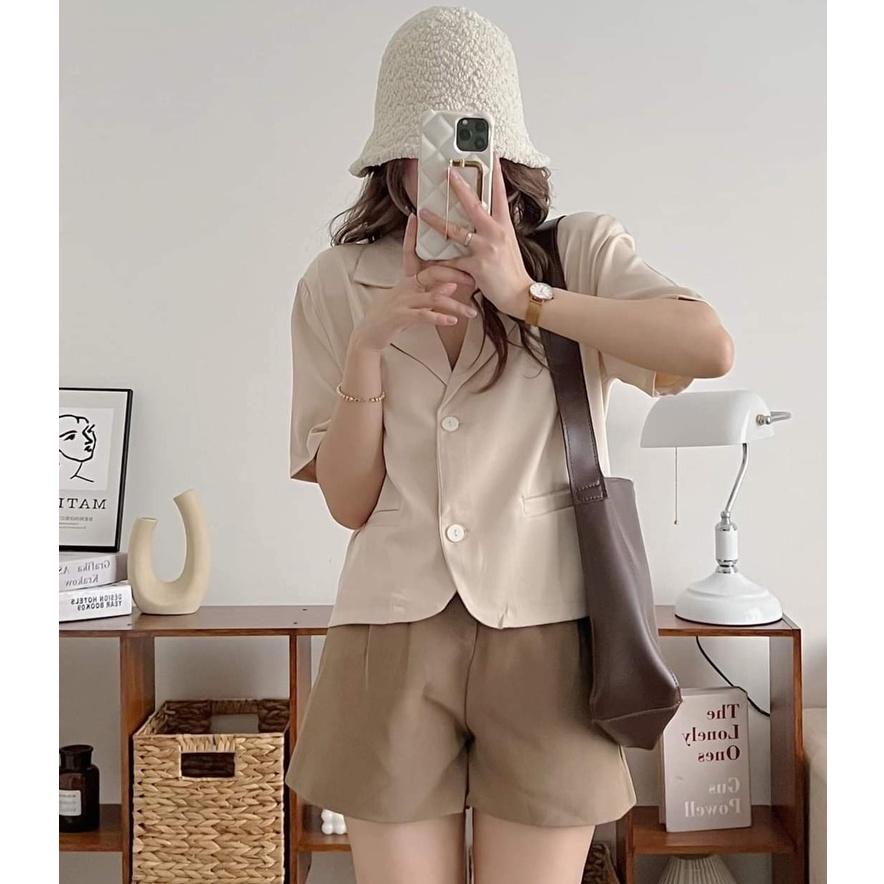 Áo Blazer Croptop Cộc Tay Độn Vai Trơn Chất Mát, Áo Khoác Vest Ngắn Tay Cơ Bản Nhiều Màu, Labibi