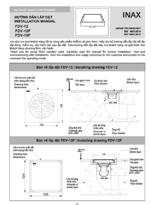 Phễu Thoát Sàn Inax FDV-12 Vuông 120x120 - Hàng chính hãng