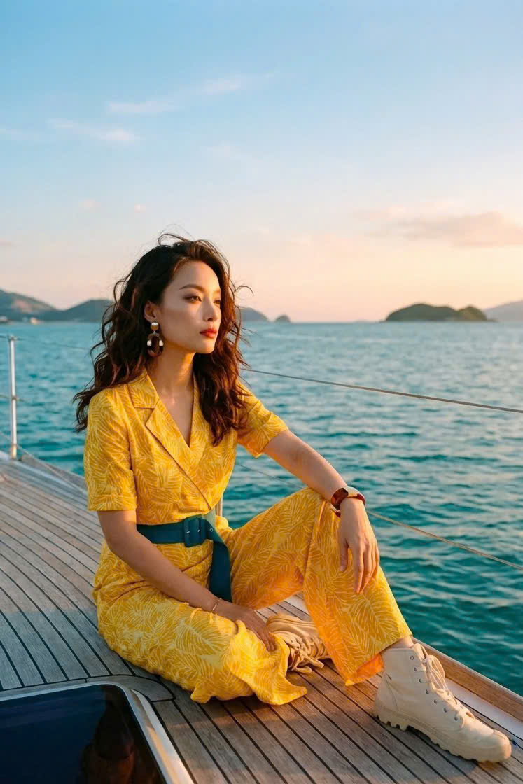 Đồ Bay Jumpsuits Linen Vàng Họa Tiết Lá Kim Diệp DRE239 thời trang thiết kế Hity