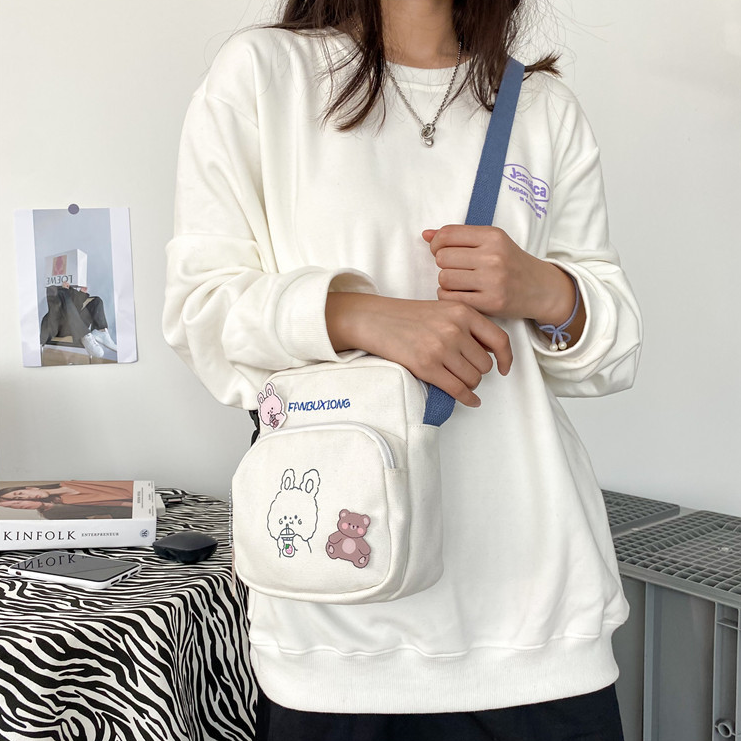 Túi chéo nữ mini vải canvas gấu thỏ trà sữa cute thời trang teen giá rẻ