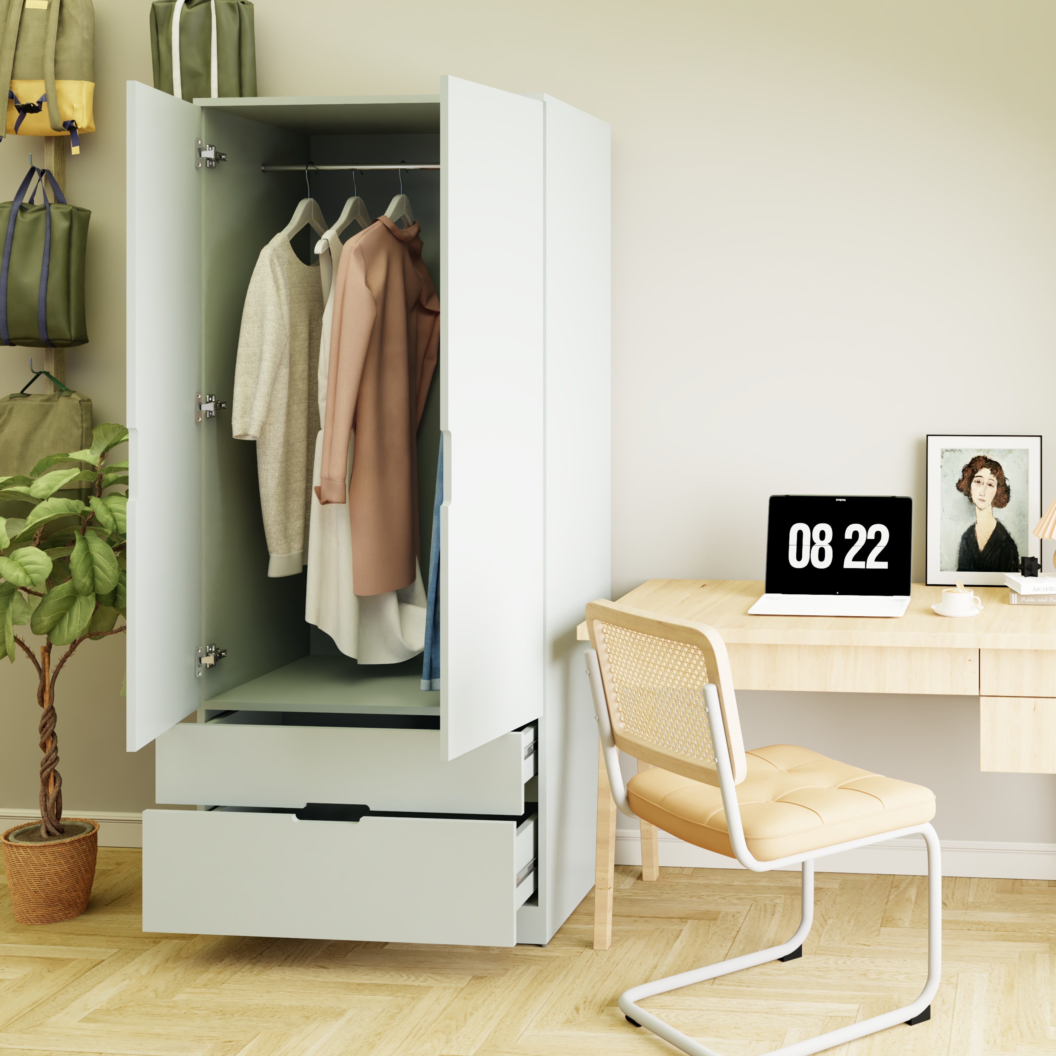 [Happy Home Furniture] MOLLY, Tủ quần áo 2 cánh mở - 2 ngăn kéo, 76cm x 54cm x 176cm ( DxRxC), TCM_107