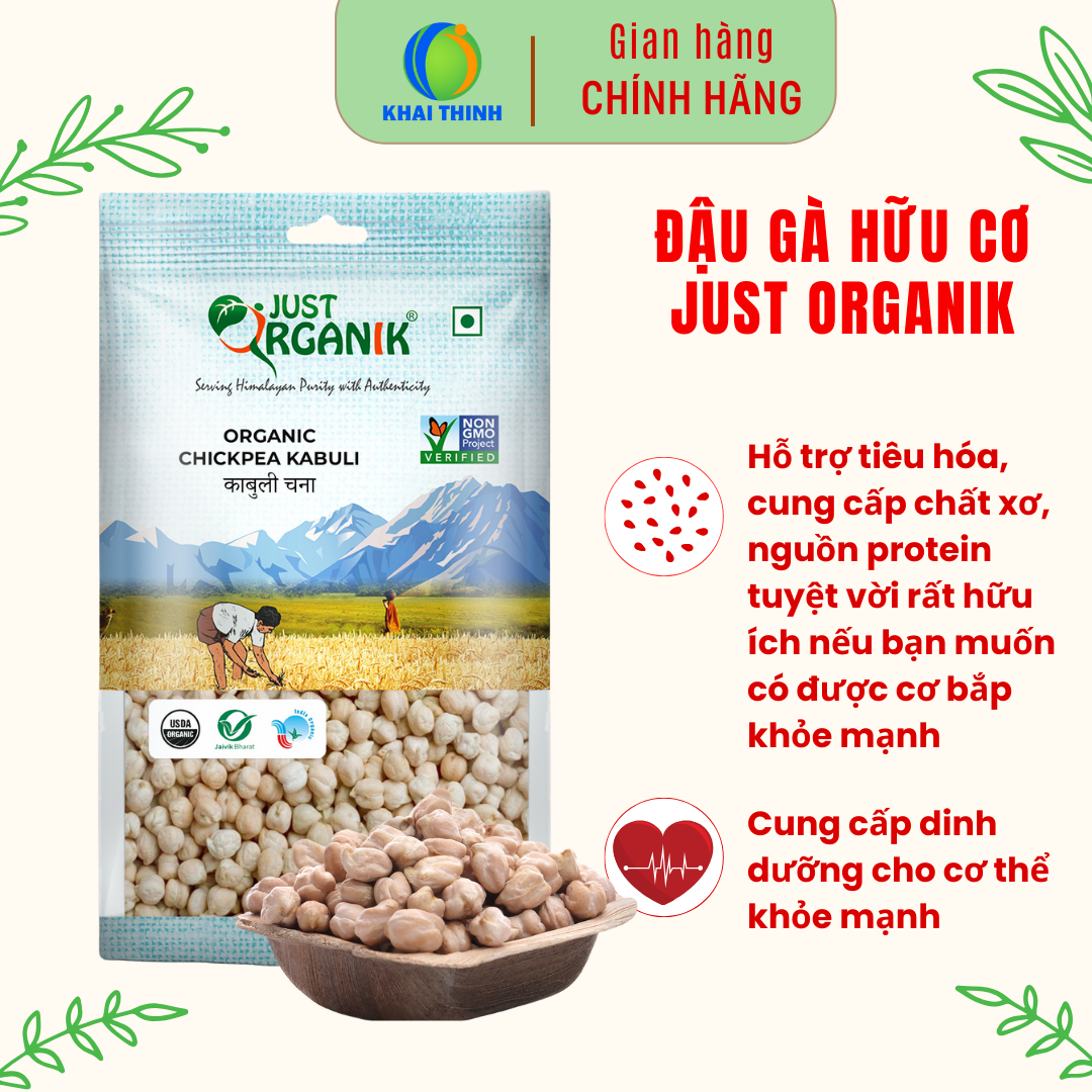 Hạt Đậu Gà Khô Trắng Hữu Cơ Just Organik Organic Chickpea Nhập Khẩu Ấn Độ Ăn Dặm Cho Bé 500g