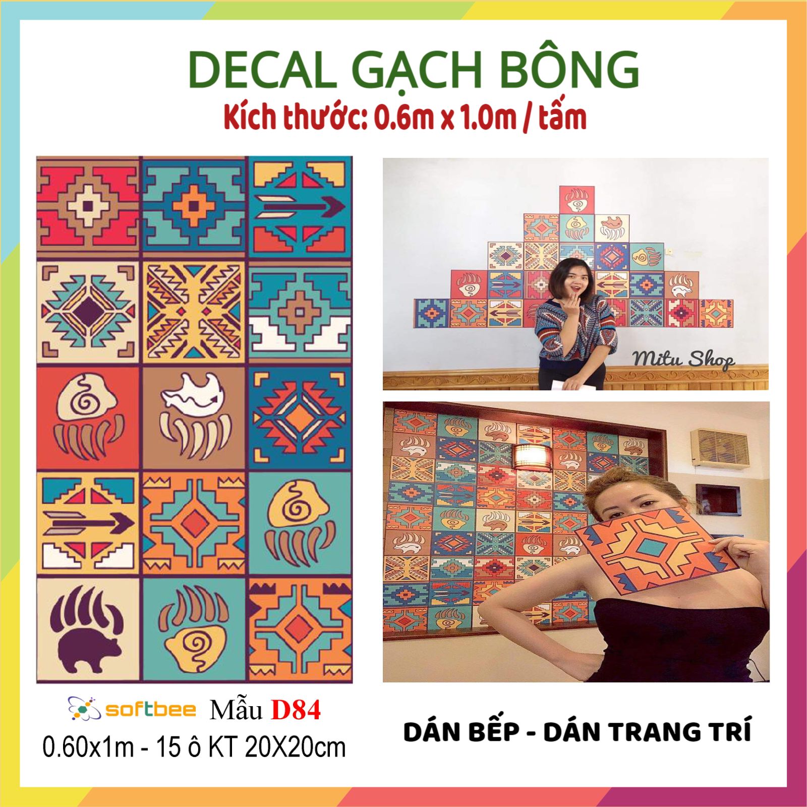 Decal gạch bông, kích thước 0.6m x 1.0m / miếng, không thấm nước, keo bám chắc chắn, dán bếp dán nhà tắm dán trang trí