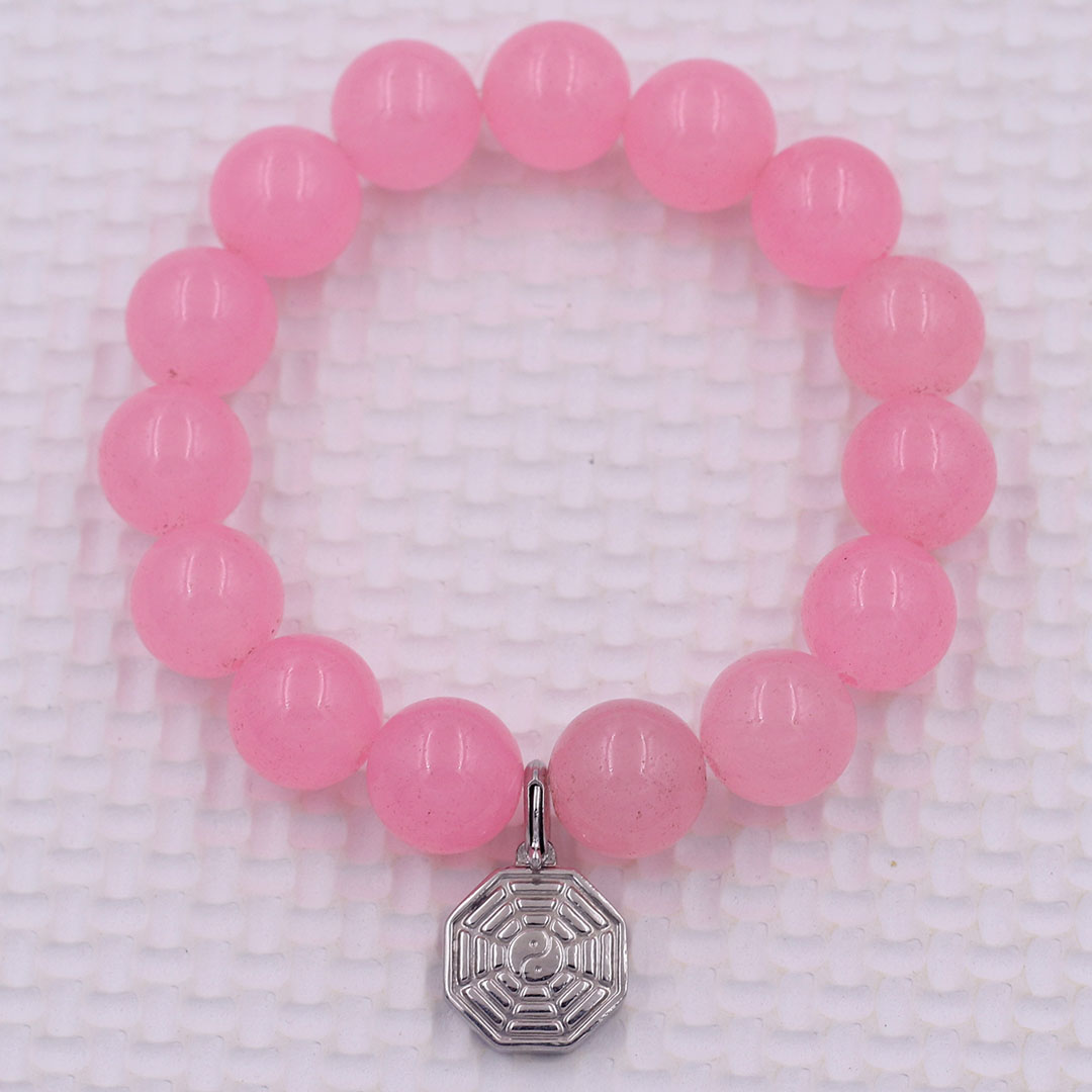 Vòng chuỗi đeo tay đá thạch anh hồng phấn charm bát quái inox, vòng tay hạt chuỗi, vòng chuỗi phong thủy, vòng tay nam nữ