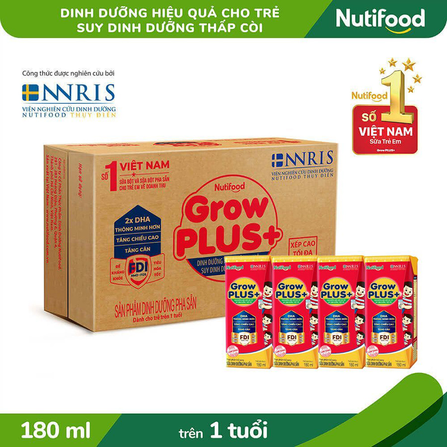 Thùng Sữa Bột Pha Sẵn Nutifood GrowPLUS+ Suy Dinh Dưỡng - Tăng Cân, Tăng Chiều Cao (48 Hộp x 180ml)