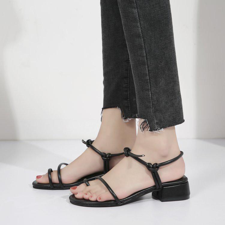 Hàng Quảng Châu - Sandal xỏ ngón quai mảnh da mềm, dây tự buộc độc đáo, đế cao 3cm, 2 màu Đen + Kem - Mã S09