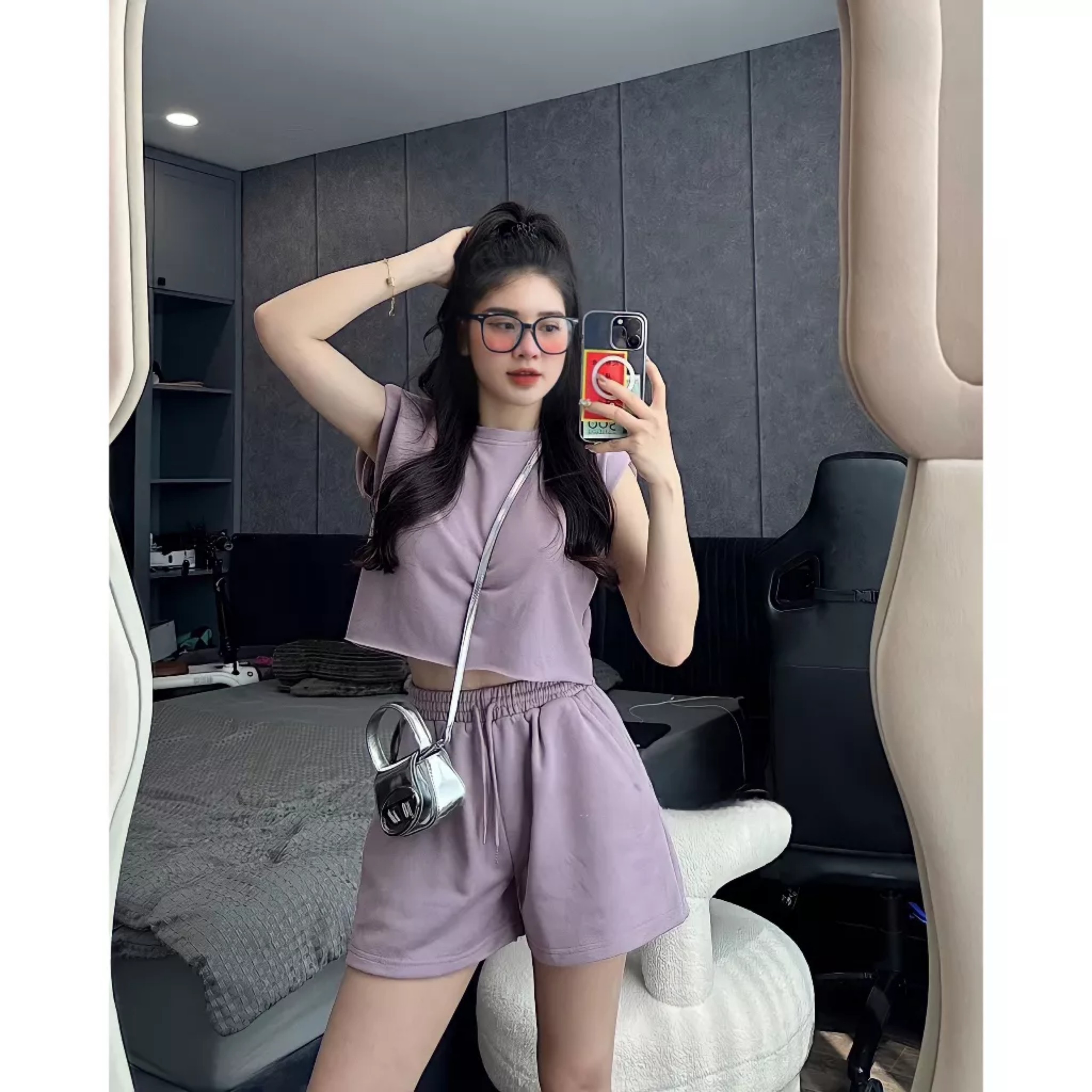 Bộ Áo Tanktop Croptop Kèm Quần Short Ống Rộng Màu Tím