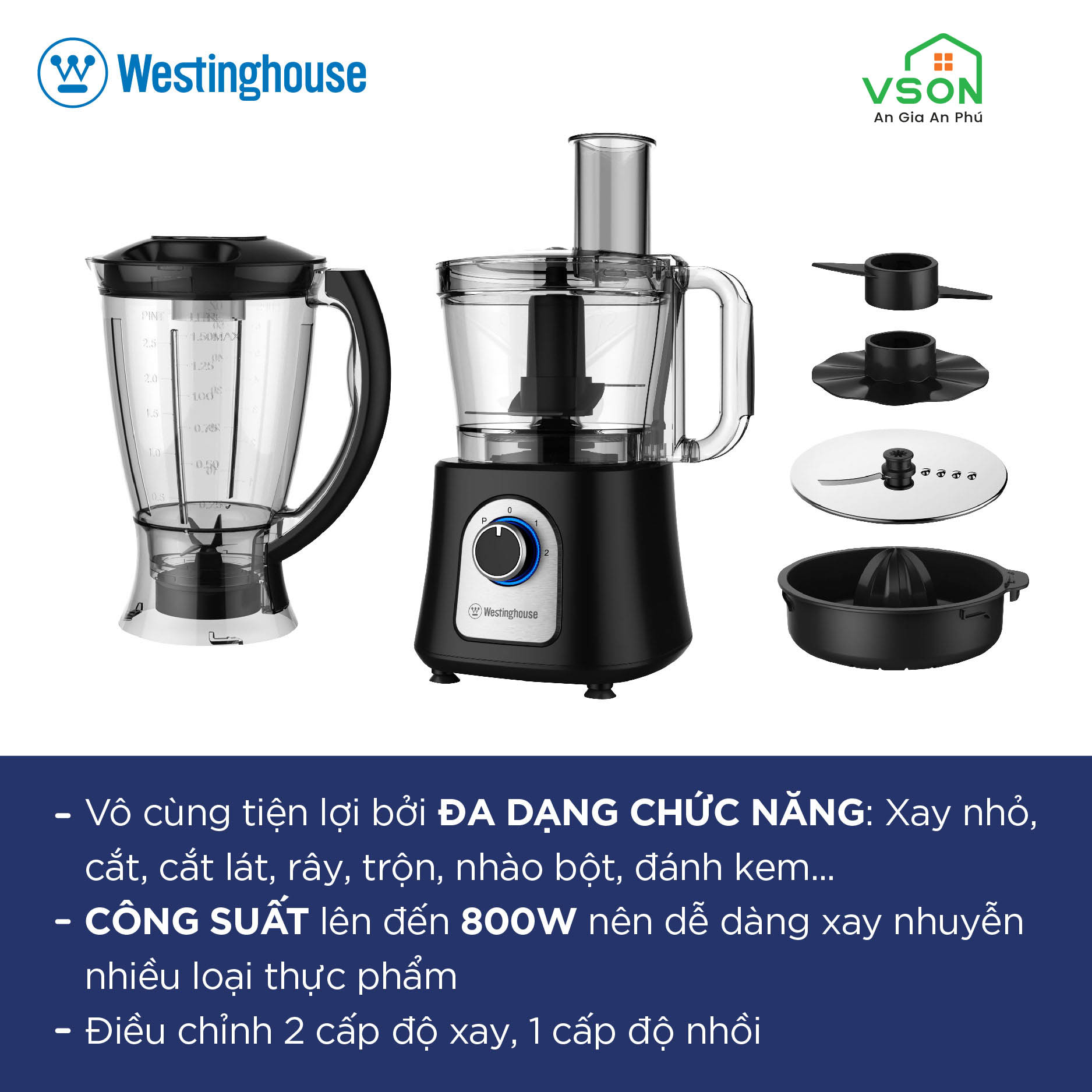 Máy xay đa năng WestingHouse WKFP7730 2 cối 2.8L và 1.5L Công suất 800W xay thịt, sinh tố,  các loại thực phẩm - Hàng chính hãng Mỹ