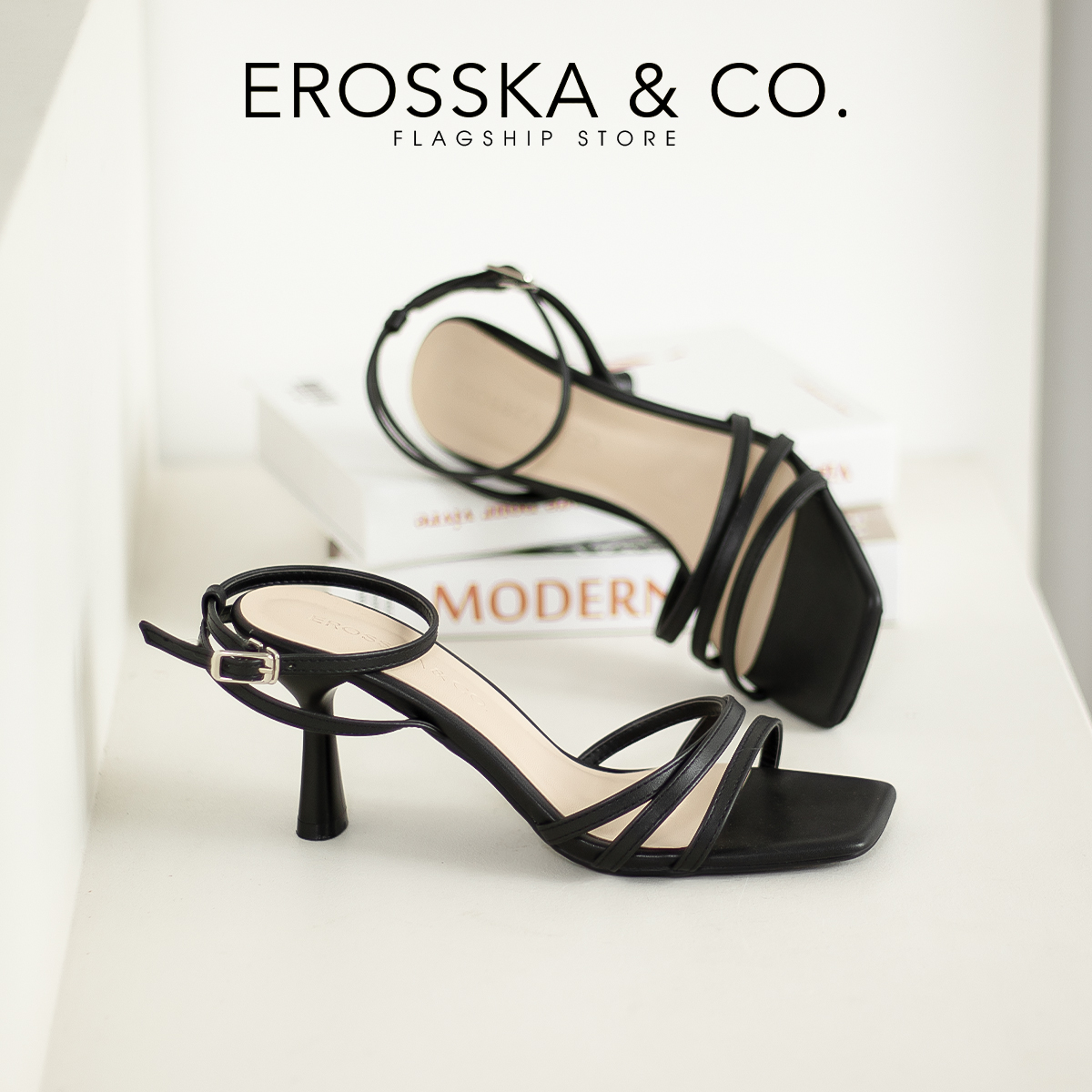 Erosska - Giày cao gót nhọn mũi hở phối dây quai mảnh cao 7cm - EB052