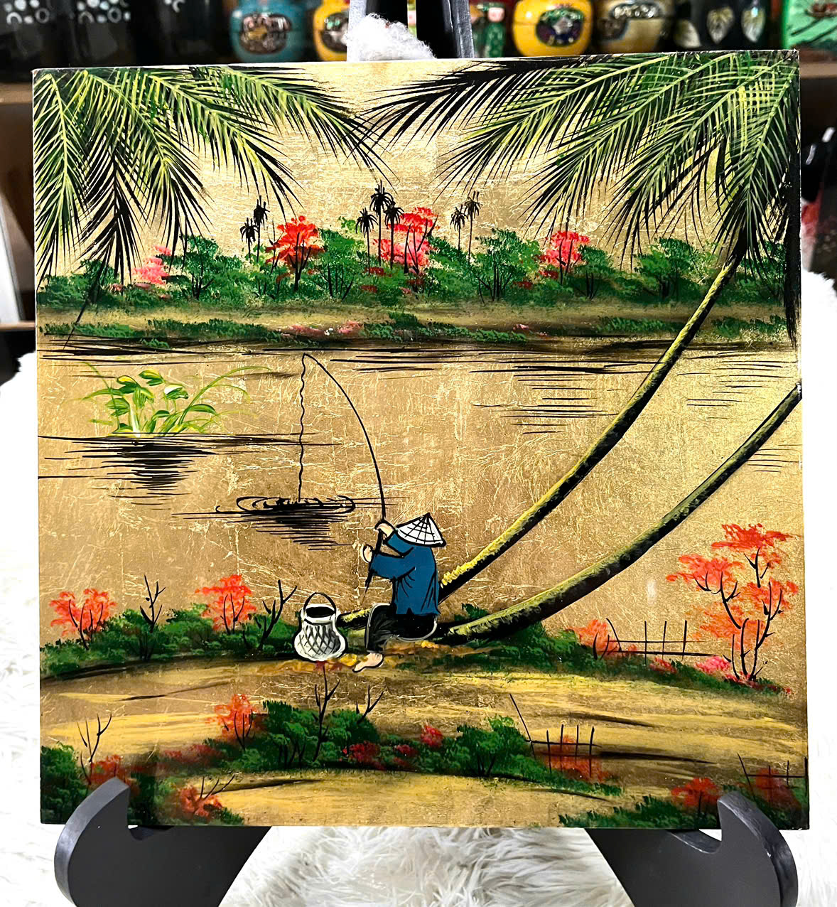 Tranh sơn mài đồng quê vẽ vàng, hàng xuất khẩu 30x30 cm