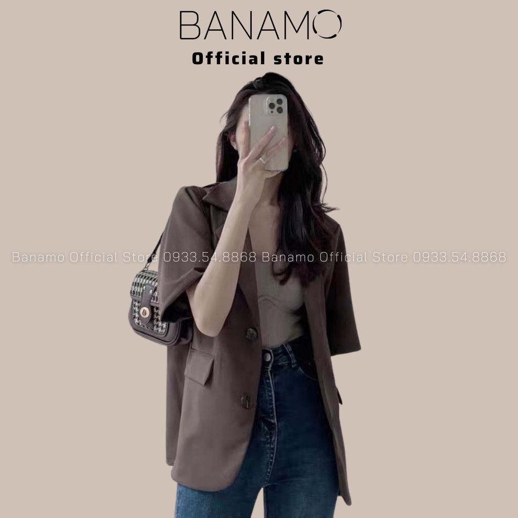 Áo Blazer nữ tay ngắn cổ vest dáng rộng có đệm vai siêu đẹp thời trang Banamo Fashion Áo Blazer cổ vest 3935