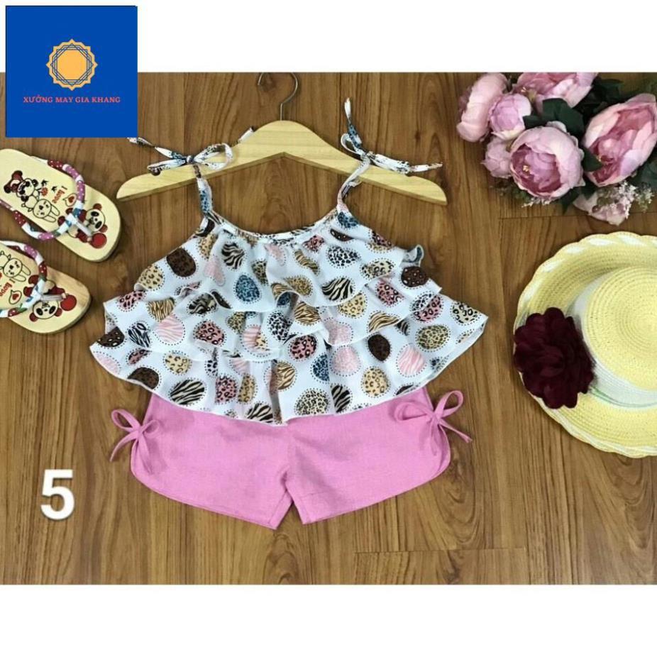 MS: 190207 - Đồ bộ áo dây tầng bèo, quần bố mềm thắt nơ duyên dáng, mát mẻ cho bé gái ngày hè - Xưởng may Gia Khang
