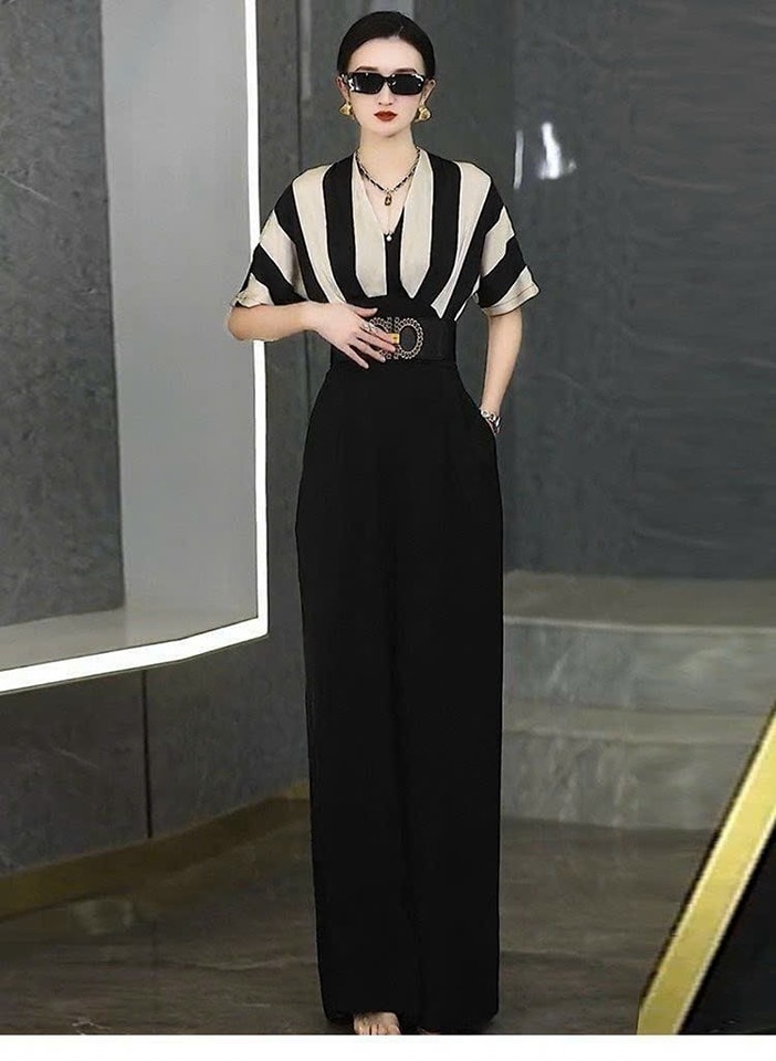 Jumpsuit Dài Phối Lụa Sọc Tay Ngắn Hàng Cao Cấp