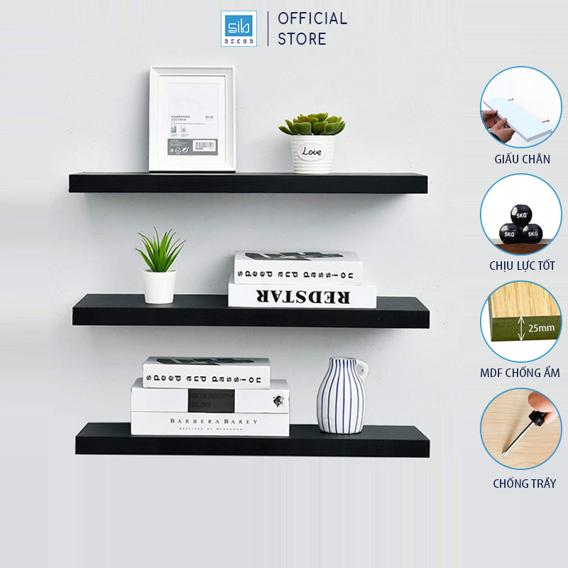 Set 3 Kệ Treo Tường Thanh Ngang Để Sách Và Đồ Trang Trí, Gỗ Chống Ẩm Dày 25Mm Sib Decor Kt005 - Đen - 40X20Cm 3 Kệ