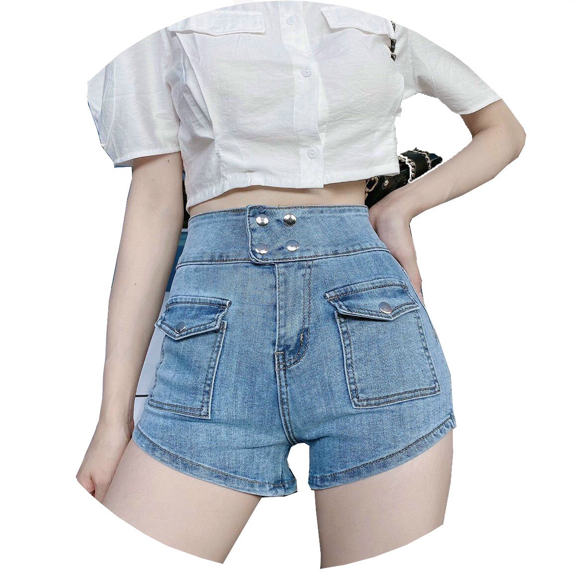 Quần short jean nữ BigSize lưng cao trên rốn, co dãn mạnh, 2 túi hộp nổi, dành cho người mập 3942 3944
