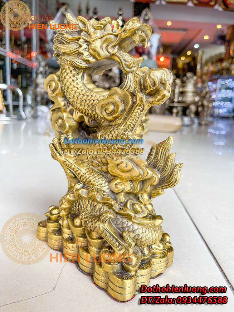 Tượng Rồng Cuộn Tiền Bằng Đồng Vàng Nguyên Chất Kích Thước 18x9x25cm, Nặng 2,4kg - Đồ Thờ Hiên Lượng