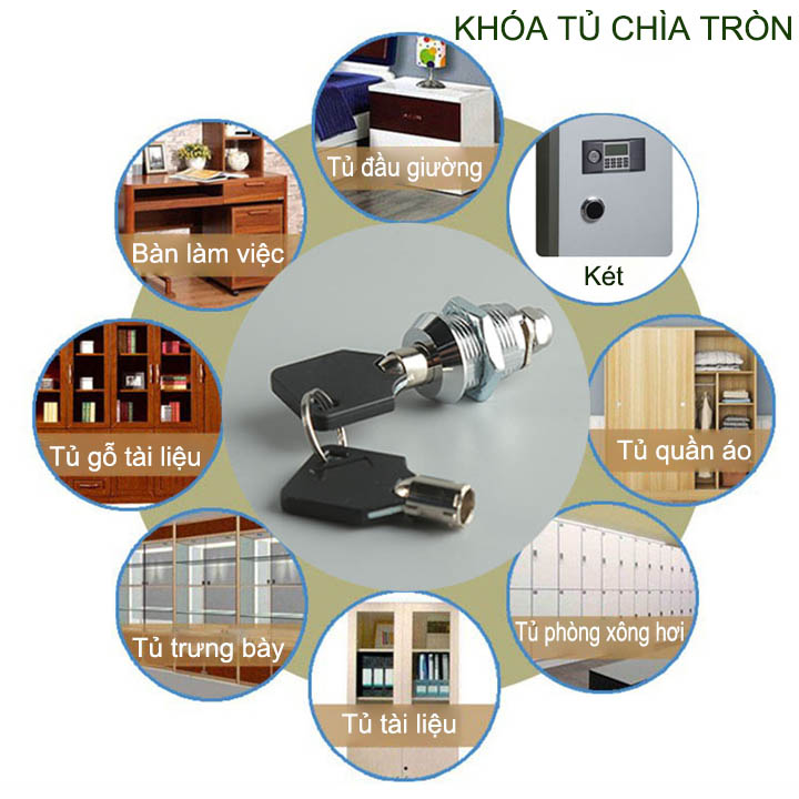 Khóa cửa tủ, ngăn kéo bàn với chìa khóa tròn an toàn, loại dài 16-20-25-30mm tùy chọn