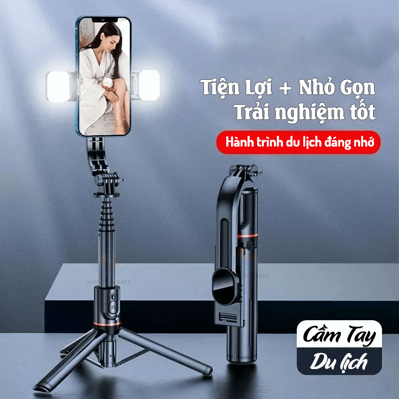 Gậy chụp ảnh 3 chân có đèn, có điều khiển từ xa, selfie tự sướng 110cm HighTechGate LONG 12 phiên bản nhỏ gọn, du lịch cầm tay, Hàng Chính Hãng