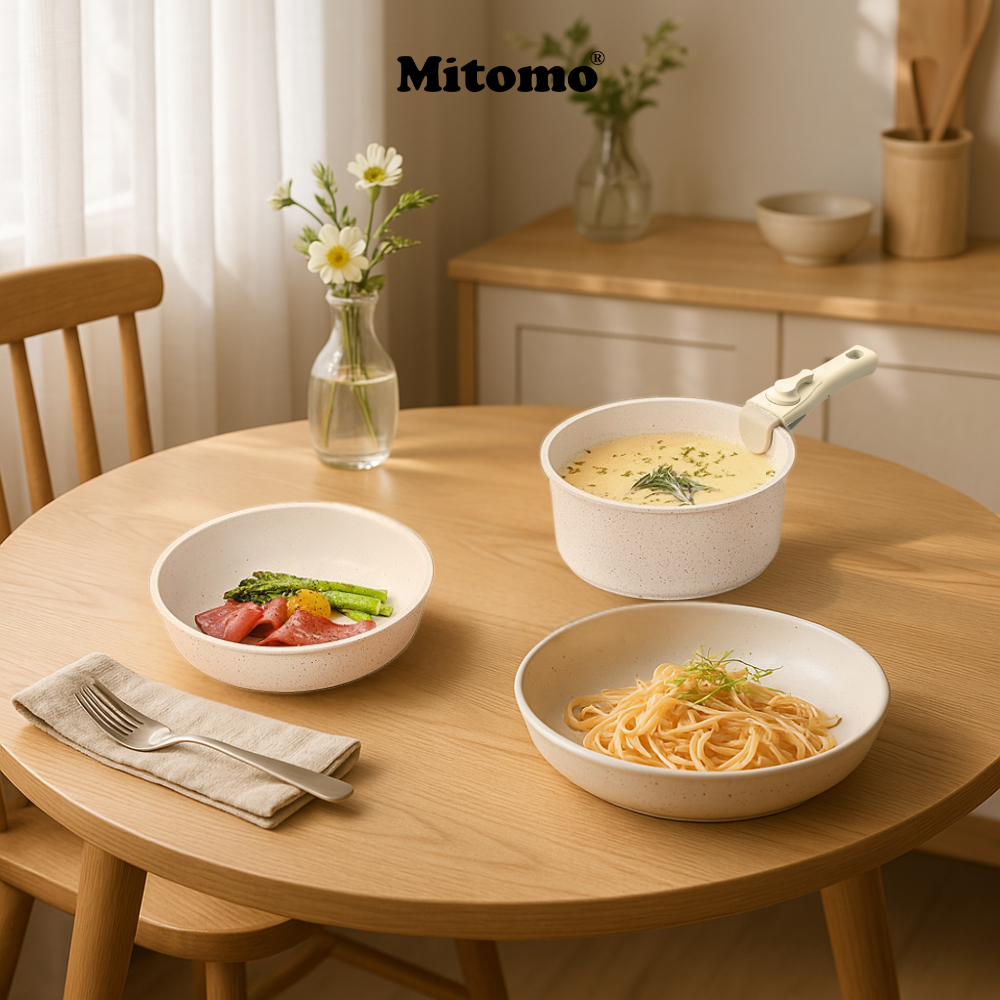 Bộ nồi chảo đá gốm Mitomo chống dính cao cấp 5 món có tay cầm tháo rời, dùng cho mọi loại bếp - Hàng chính hãng